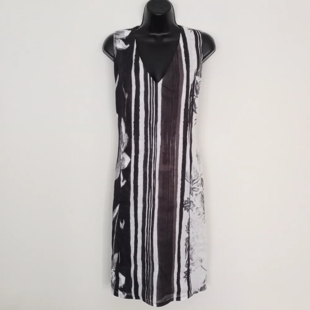 LOLA Linen Stripe/Floral V-neckline Shift Dress